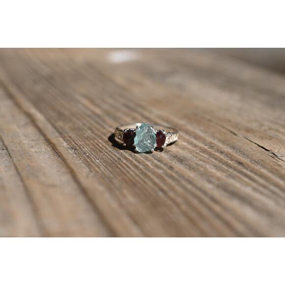 Engagement ring Garnet Ring - Aquamarine ring - Uncut - Raw Gemstone ring - Picture 4 of 4